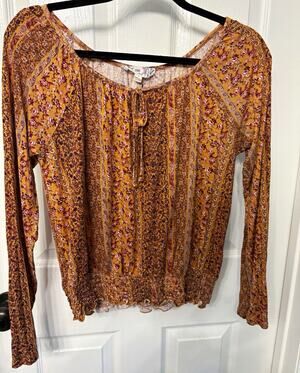 Pink Republic M Brown Peasant Smocked Tie Top Boho Y2K Cottage Core Fall